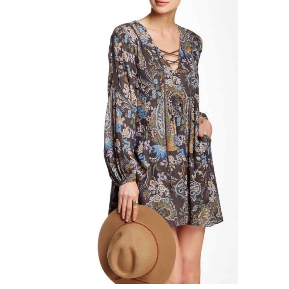 Free People Paisley Lace Up Boho Mini Dress Long Sleeve Gray Blue Yellow Medium